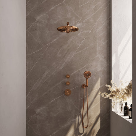 BRAUER Copper Carving thermostatische inbouw regendouche SET 08 met 30 cm douchekop en rechte muurarm en 3-standen handdouche en doucheslang en wandaansluitbocht koper geborsteld PVD 5-GK-104