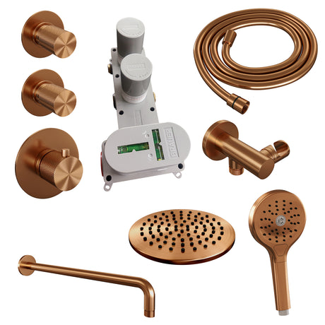 BRAUER Copper Carving thermostatische inbouw regendouche SET 09 met 20 cm douchekop en gebogen muurarm en 3-standen handdouche en doucheslang en wandaansluitbocht koper geborsteld PVD 5-GK-105