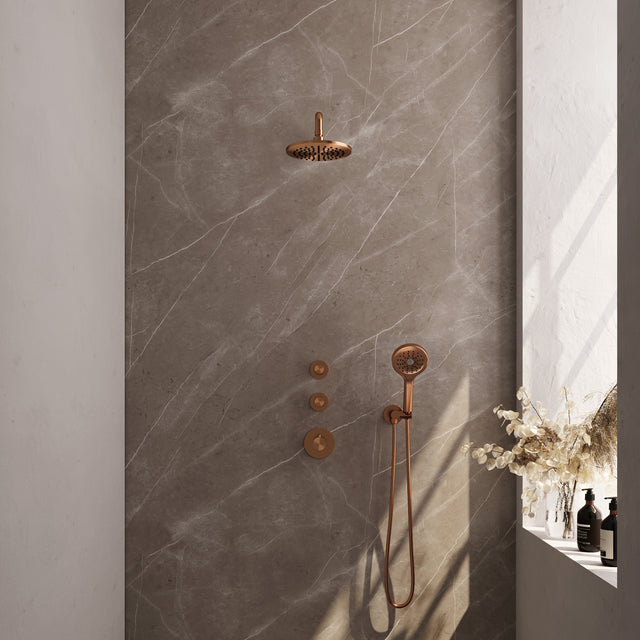 BRAUER Copper Carving thermostatische inbouw regendouche SET 09 met 20 cm douchekop en gebogen muurarm en 3-standen handdouche en doucheslang en wandaansluitbocht koper geborsteld PVD 5-GK-105