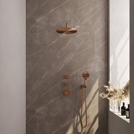 BRAUER Copper Carving thermostatische inbouw regendouche SET 10 met 30 cm douchekop en gebogen muurarm en 3-standen handdouche en doucheslang en wandaansluitbocht koper geborsteld PVD 5-GK-106
