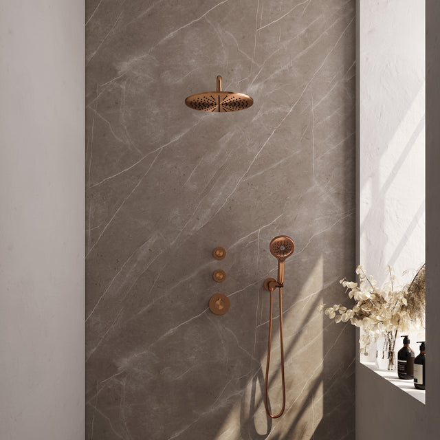 BRAUER Copper Carving thermostatische inbouw regendouche SET 10 met 30 cm douchekop en gebogen muurarm en 3-standen handdouche en doucheslang en wandaansluitbocht koper geborsteld PVD 5-GK-106
