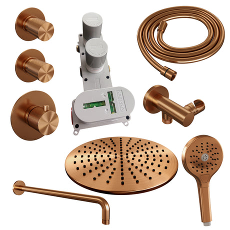 BRAUER Copper Carving thermostatische inbouw regendouche SET 10 met 30 cm douchekop en gebogen muurarm en 3-standen handdouche en doucheslang en wandaansluitbocht koper geborsteld PVD 5-GK-106
