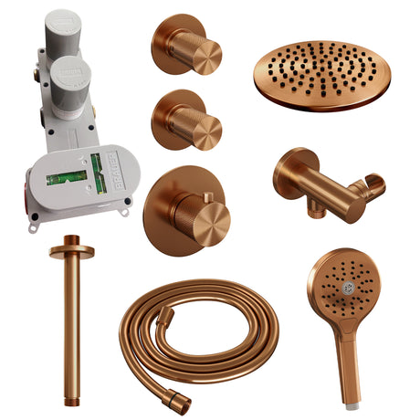 BRAUER Copper Carving thermostatische inbouw regendouche SET 11 met 20 cm douchekop en plafondarm en 3-standen handdouche en doucheslang en wandaansluitbocht koper geborsteld PVD 5-GK-107
