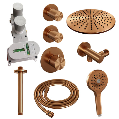 BRAUER Copper Carving thermostatische inbouw regendouche SET 12 met 30 cm douchekop en plafondarm en 3-standen handdouche en doucheslang en wandaansluitbocht koper geborsteld PVD 5-GK-108
