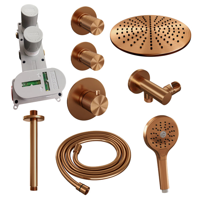 BRAUER Copper Carving thermostatische inbouw regendouche SET 12 met 30 cm douchekop en plafondarm en 3-standen handdouche en doucheslang en wandaansluitbocht koper geborsteld PVD 5-GK-108