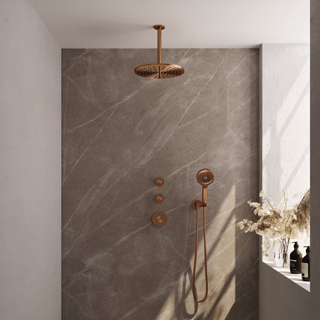 BRAUER Copper Carving thermostatische inbouw regendouche SET 12 met 30 cm douchekop en plafondarm en 3-standen handdouche en doucheslang en wandaansluitbocht koper geborsteld PVD 5-GK-108