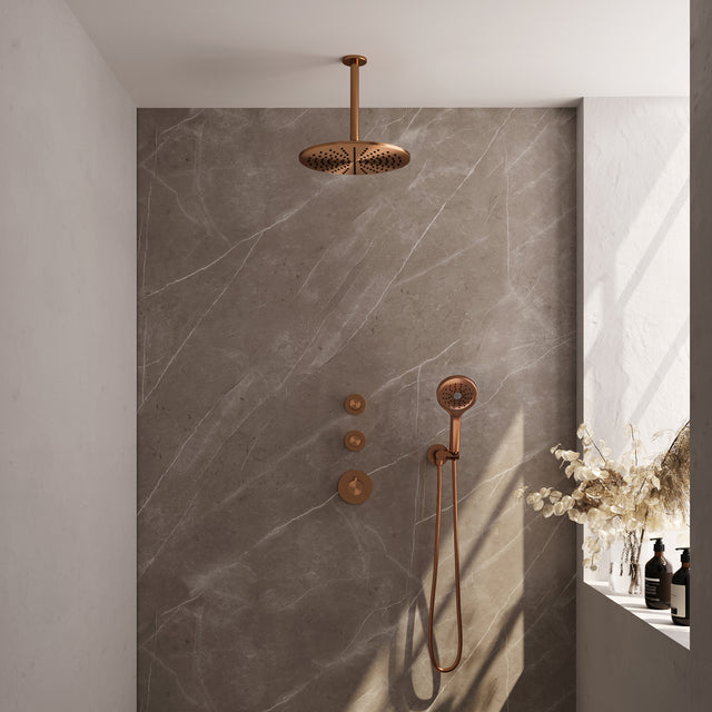 BRAUER Copper Carving thermostatische inbouw regendouche SET 12 met 30 cm douchekop en plafondarm en 3-standen handdouche en doucheslang en wandaansluitbocht koper geborsteld PVD 5-GK-108