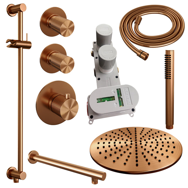 BRAUER Copper Carving thermostatische inbouw regendouche SET 14 met 30 cm douchekop en rechte muurarm en staaf handdouche en doucheslang en geÃ¯ntegreerde glijstang koper geborsteld PVD 5-GK-110