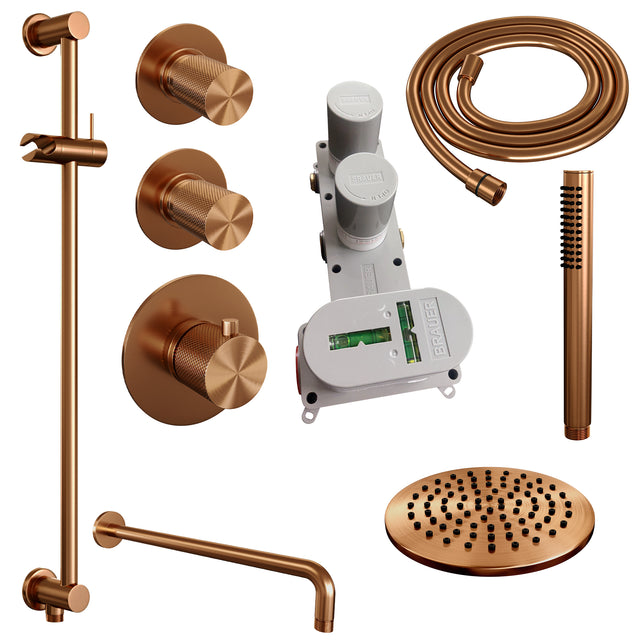 BRAUER Copper Carving thermostatische inbouw regendouche SET 15 met 20 cm douchekop en gebogen muurarm en staaf handdouche en doucheslang en geÃ¯ntegreerde glijstang koper geborsteld PVD 5-GK-111