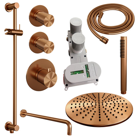 BRAUER Copper Carving thermostatische inbouw regendouche SET 16 met 30 cm douchekop en gebogen muurarm en staaf handdouche en doucheslang en geÃ¯ntegreerde glijstang koper geborsteld PVD 5-GK-112