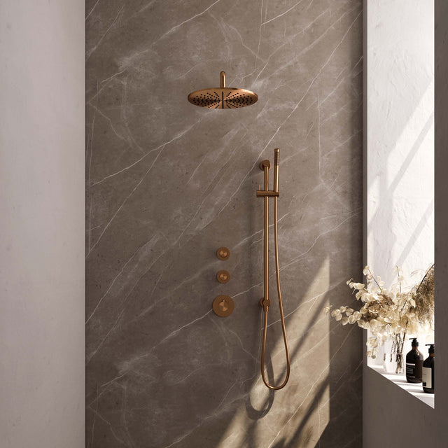 BRAUER Copper Carving thermostatische inbouw regendouche SET 16 met 30 cm douchekop en gebogen muurarm en staaf handdouche en doucheslang en geÃ¯ntegreerde glijstang koper geborsteld PVD 5-GK-112