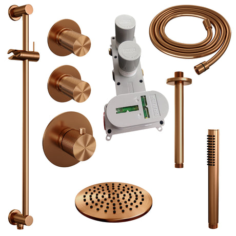 BRAUER Copper Carving thermostatische inbouw regendouche SET 17 met 20 cm douchekop en plafondarm en staaf handdouche en doucheslang en geÃ¯ntegreerde glijstang koper geborsteld PVD 5-GK-113