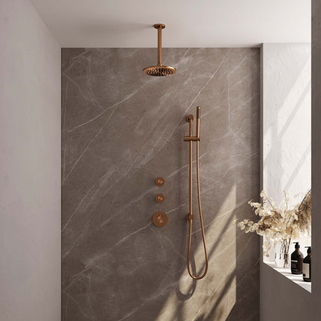BRAUER Copper Carving thermostatische inbouw regendouche SET 17 met 20 cm douchekop en plafondarm en staaf handdouche en doucheslang en geÃ¯ntegreerde glijstang koper geborsteld PVD 5-GK-113