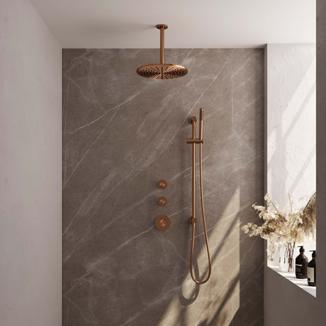 BRAUER Copper Carving thermostatische inbouw regendouche SET 18 met 30 cm douchekop en plafondarm en staaf handdouche en doucheslang en geÃ¯ntegreerde glijstang koper geborsteld PVD 5-GK-114