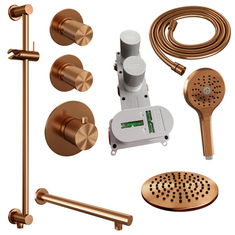 BRAUER Copper Carving thermostatische inbouw regendouche SET 19 met 20 cm douchekop en rechte muurarm en 3-standen handdouche en doucheslang en geÃ¯ntegreerde glijstang koper geborsteld PVD 5-GK-115