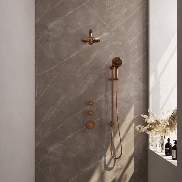 BRAUER Copper Carving thermostatische inbouw regendouche SET 19 met 20 cm douchekop en rechte muurarm en 3-standen handdouche en doucheslang en geÃ¯ntegreerde glijstang koper geborsteld PVD 5-GK-115