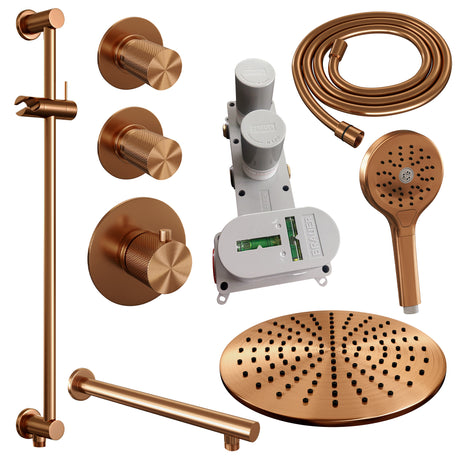 BRAUER Copper Carving thermostatische inbouw regendouche SET 20 met 30 cm douchekop en rechte muurarm en 3-standen handdouche en doucheslang en geÃ¯ntegreerde glijstang koper geborsteld PVD 5-GK-116