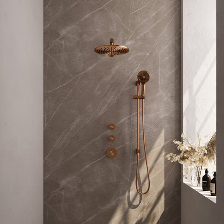 BRAUER Copper Carving thermostatische inbouw regendouche SET 20 met 30 cm douchekop en rechte muurarm en 3-standen handdouche en doucheslang en geÃ¯ntegreerde glijstang koper geborsteld PVD 5-GK-116