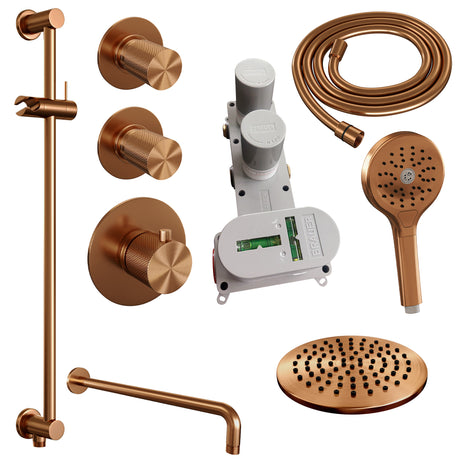 BRAUER Copper Carving thermostatische inbouw regendouche SET 21 met 20 cm douchekop en gebogen muurarm en 3-standen handdouche en doucheslang en geÃ¯ntegreerde glijstang koper geborsteld PVD 5-GK-117