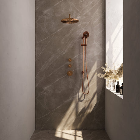 BRAUER Copper Carving thermostatische inbouw regendouche SET 22 met 30 cm douchekop en gebogen muurarm en 3-standen handdouche en doucheslang en geÃ¯ntegreerde glijstang koper geborsteld PVD 5-GK-118