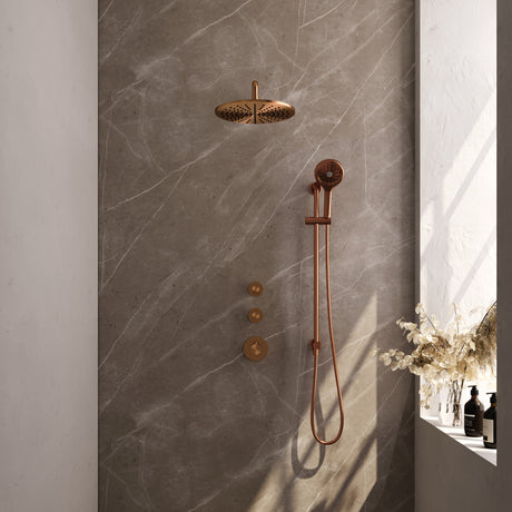 BRAUER Copper Carving thermostatische inbouw regendouche SET 22 met 30 cm douchekop en gebogen muurarm en 3-standen handdouche en doucheslang en geÃ¯ntegreerde glijstang koper geborsteld PVD 5-GK-118