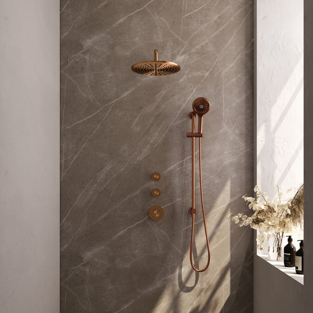 BRAUER Copper Carving thermostatische inbouw regendouche SET 22 met 30 cm douchekop en gebogen muurarm en 3-standen handdouche en doucheslang en geÃ¯ntegreerde glijstang koper geborsteld PVD 5-GK-118