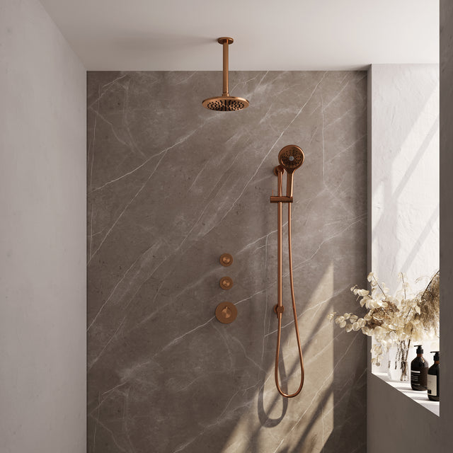 BRAUER Copper Carving thermostatische inbouw regendouche SET 23 met 20 cm douchekop en plafondarm en 3-standen handdouche en doucheslang en geÃ¯ntegreerde glijstang koper geborsteld PVD 5-GK-119