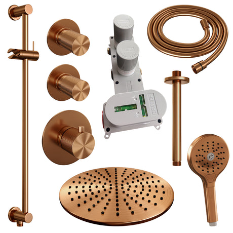 BRAUER Copper Carving thermostatische inbouw regendouche SET 24 met 30 cm douchekop en plafondarm en 3-standen handdouche en doucheslang en geÃ¯ntegreerde glijstang koper geborsteld PVD 5-GK-120