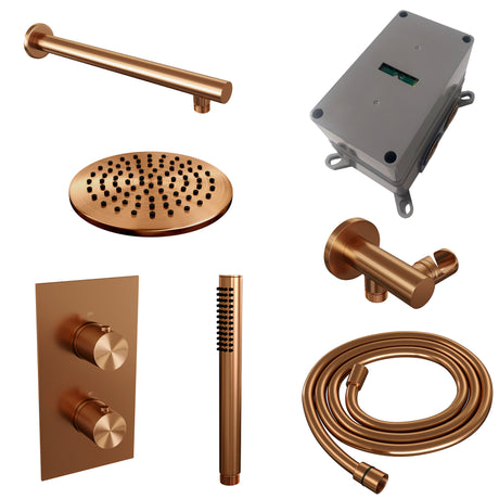 BRAUER Copper Carving thermostatische inbouw regendouche 3-weg omstelling SET 25 met 20 cm douchekop en rechte muurarm en staaf handdouche en doucheslang en wandaansluitbocht koper geborsteld PVD 5-GK-121