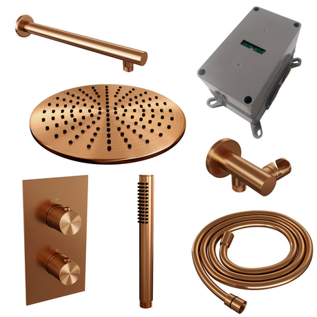 BRAUER Copper Carving thermostatische inbouw regendouche 3-weg omstelling SET 26 met 30 cm douchekop en rechte muurarm en staaf handdouche en doucheslang en wandaansluitbocht koper geborsteld PVD 5-GK-122