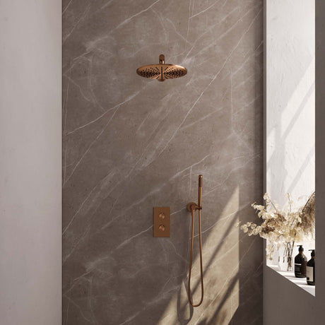 BRAUER Copper Carving thermostatische inbouw regendouche 3-weg omstelling SET 26 met 30 cm douchekop en rechte muurarm en staaf handdouche en doucheslang en wandaansluitbocht koper geborsteld PVD 5-GK-122