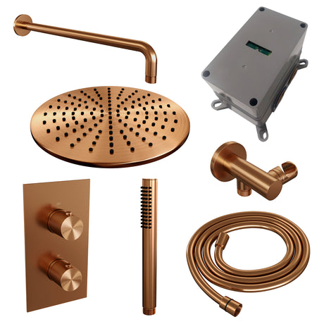 BRAUER Copper Carving thermostatische inbouw regendouche 3-weg omstelling SET 28 met 30 cm douchekop en gebogen muurarm en staaf handdouche en doucheslang en wandaansluitbocht koper geborsteld PVD 5-GK-124