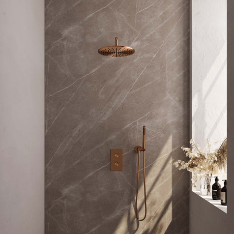 BRAUER Copper Carving thermostatische inbouw regendouche 3-weg omstelling SET 28 met 30 cm douchekop en gebogen muurarm en staaf handdouche en doucheslang en wandaansluitbocht koper geborsteld PVD 5-GK-124