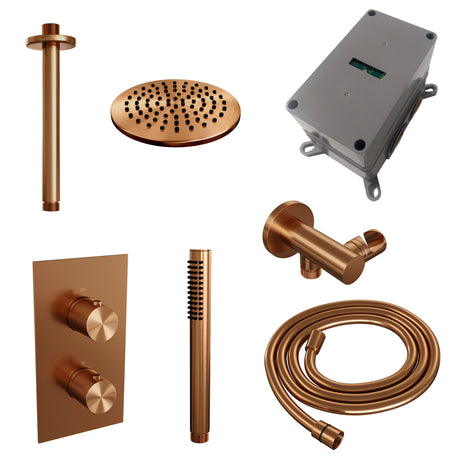 BRAUER Copper Carving thermostatische inbouw regendouche 3-weg omstelling SET 29 met 20 cm douchekop en plafondarm en staaf handdouche en doucheslang en wandaansluitbocht koper geborsteld PVD 5-GK-125