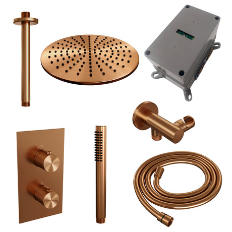 BRAUER Copper Carving thermostatische inbouw regendouche 3-weg omstelling SET 30 met 30 cm douchekop en plafondarm en staaf handdouche en doucheslang en wandaansluitbocht koper geborsteld PVD 5-GK-126