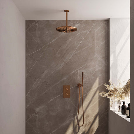 BRAUER Copper Carving thermostatische inbouw regendouche 3-weg omstelling SET 30 met 30 cm douchekop en plafondarm en staaf handdouche en doucheslang en wandaansluitbocht koper geborsteld PVD 5-GK-126