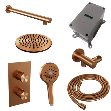 BRAUER Copper Carving thermostatische inbouw regendouche 3-weg omstelling SET 31 met 20 cm douchekop en rechte muurarm en 3-standen handdouche en doucheslang en wandaansluitbocht koper geborsteld PVD 5-GK-127