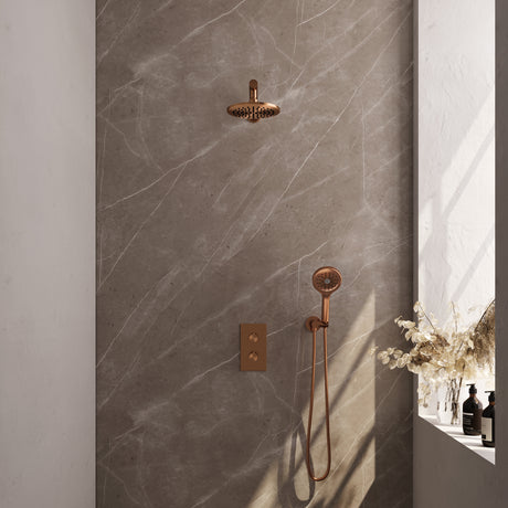 BRAUER Copper Carving thermostatische inbouw regendouche 3-weg omstelling SET 31 met 20 cm douchekop en rechte muurarm en 3-standen handdouche en doucheslang en wandaansluitbocht koper geborsteld PVD 5-GK-127