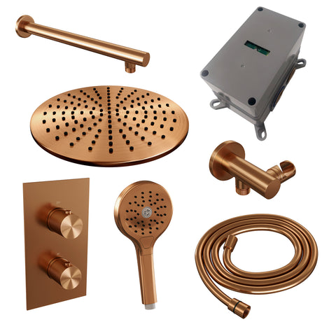 BRAUER Copper Carving thermostatische inbouw regendouche 3-weg omstelling SET 32 met 30 cm douchekop en rechte muurarm en 3-standen handdouche en doucheslang en wandaansluitbocht koper geborsteld PVD 5-GK-128