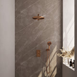 BRAUER Copper Carving thermostatische inbouw regendouche 3-weg omstelling SET 32 met 30 cm douchekop en rechte muurarm en 3-standen handdouche en doucheslang en wandaansluitbocht koper geborsteld PVD 5-GK-128