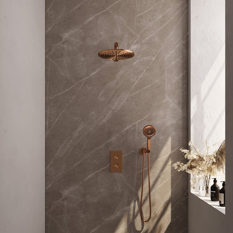 BRAUER Copper Carving thermostatische inbouw regendouche 3-weg omstelling SET 32 met 30 cm douchekop en rechte muurarm en 3-standen handdouche en doucheslang en wandaansluitbocht koper geborsteld PVD 5-GK-128
