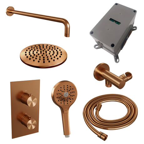 BRAUER Copper Carving thermostatische inbouw regendouche 3-weg omstelling SET 33 met 20 cm douchekop en gebogen muurarm en 3-standen handdouche en doucheslang en wandaansluitbocht koper geborsteld PVD 5-GK-129