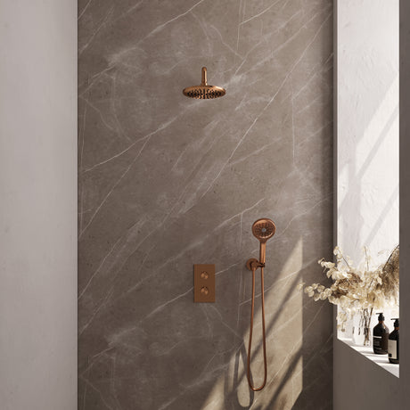 BRAUER Copper Carving thermostatische inbouw regendouche 3-weg omstelling SET 33 met 20 cm douchekop en gebogen muurarm en 3-standen handdouche en doucheslang en wandaansluitbocht koper geborsteld PVD 5-GK-129