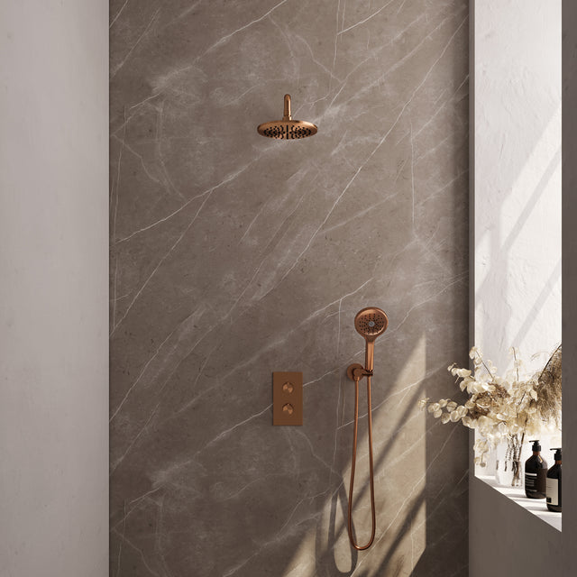 BRAUER Copper Carving thermostatische inbouw regendouche 3-weg omstelling SET 33 met 20 cm douchekop en gebogen muurarm en 3-standen handdouche en doucheslang en wandaansluitbocht koper geborsteld PVD 5-GK-129