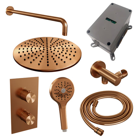 BRAUER Copper Carving thermostatische inbouw regendouche 3-weg omstelling SET 34 met 30 cm douchekop en gebogen muurarm en 3-standen handdouche en doucheslang en wandaansluitbocht koper geborsteld PVD 5-GK-130