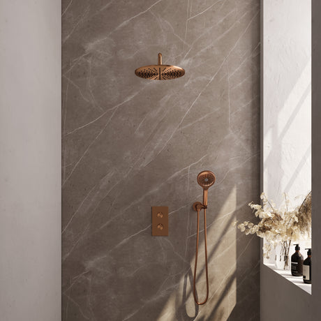 BRAUER Copper Carving thermostatische inbouw regendouche 3-weg omstelling SET 34 met 30 cm douchekop en gebogen muurarm en 3-standen handdouche en doucheslang en wandaansluitbocht koper geborsteld PVD 5-GK-130