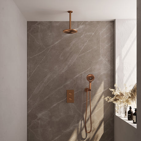 BRAUER Copper Carving thermostatische inbouw regendouche 3-weg omstelling SET 35 met 20 cm douchekop en plafondarm en 3-standen handdouche en doucheslang en wandaansluitbocht koper geborsteld PVD 5-GK-131