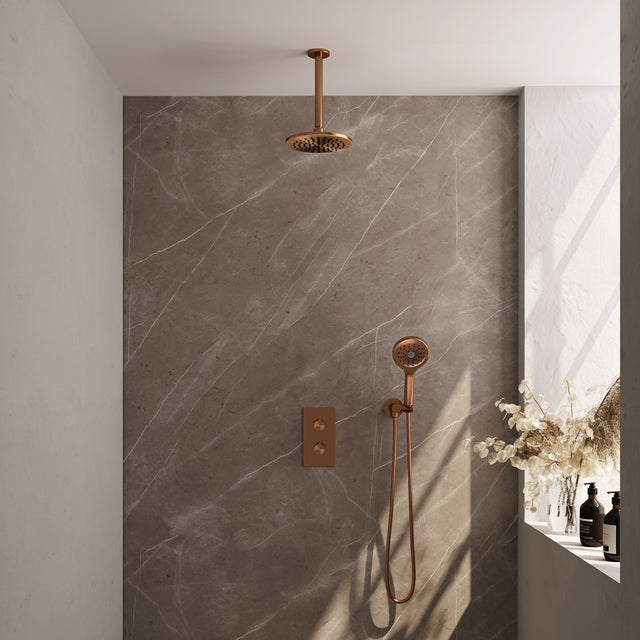 BRAUER Copper Carving thermostatische inbouw regendouche 3-weg omstelling SET 35 met 20 cm douchekop en plafondarm en 3-standen handdouche en doucheslang en wandaansluitbocht koper geborsteld PVD 5-GK-131