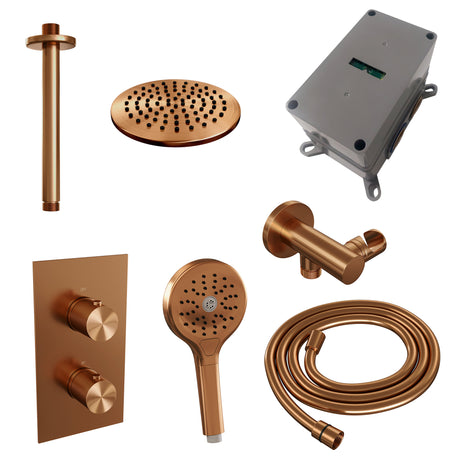 BRAUER Copper Carving thermostatische inbouw regendouche 3-weg omstelling SET 35 met 20 cm douchekop en plafondarm en 3-standen handdouche en doucheslang en wandaansluitbocht koper geborsteld PVD 5-GK-131