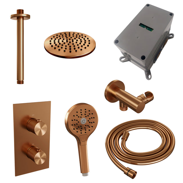 BRAUER Copper Carving thermostatische inbouw regendouche 3-weg omstelling SET 35 met 20 cm douchekop en plafondarm en 3-standen handdouche en doucheslang en wandaansluitbocht koper geborsteld PVD 5-GK-131